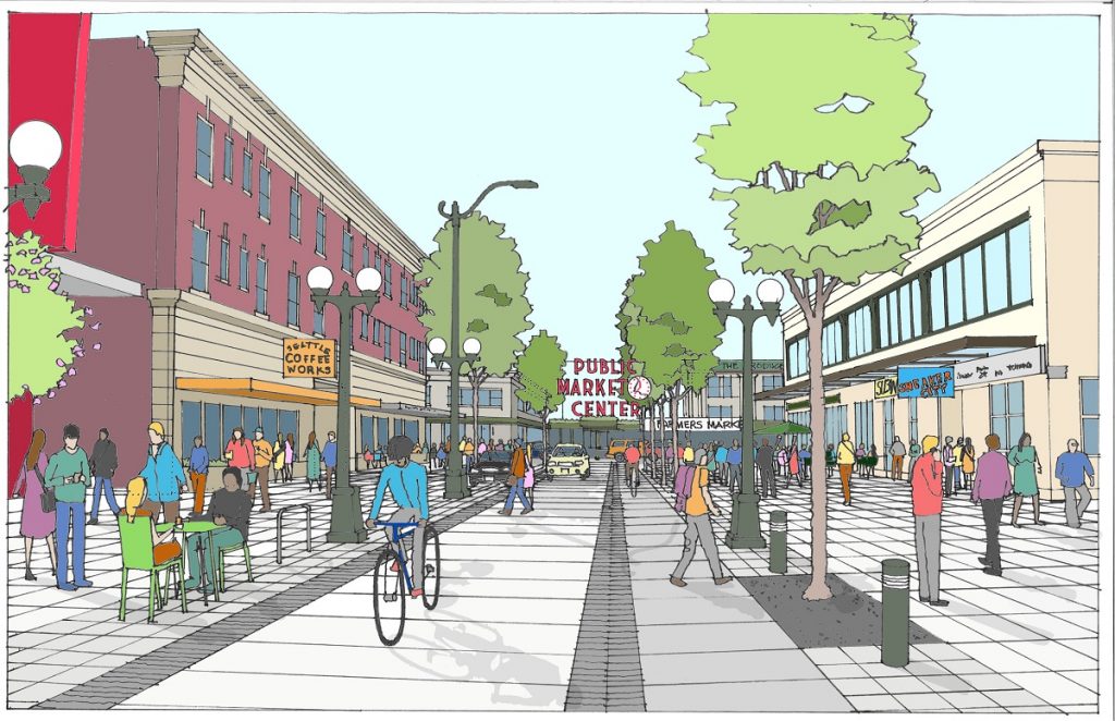 Concept art from the City of Seattle on what a car-free Pike Street might look like