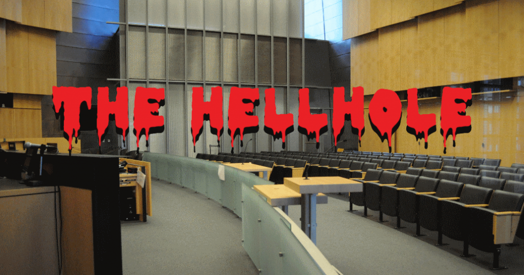 The Hellhole logo superimposed over a picture of the empty gallery of the City Council Chambers because Bagshaw kicked everyone out