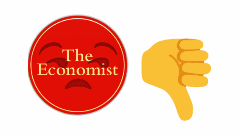 The economist logo superimposed over an unamused emojii with a thumbs down