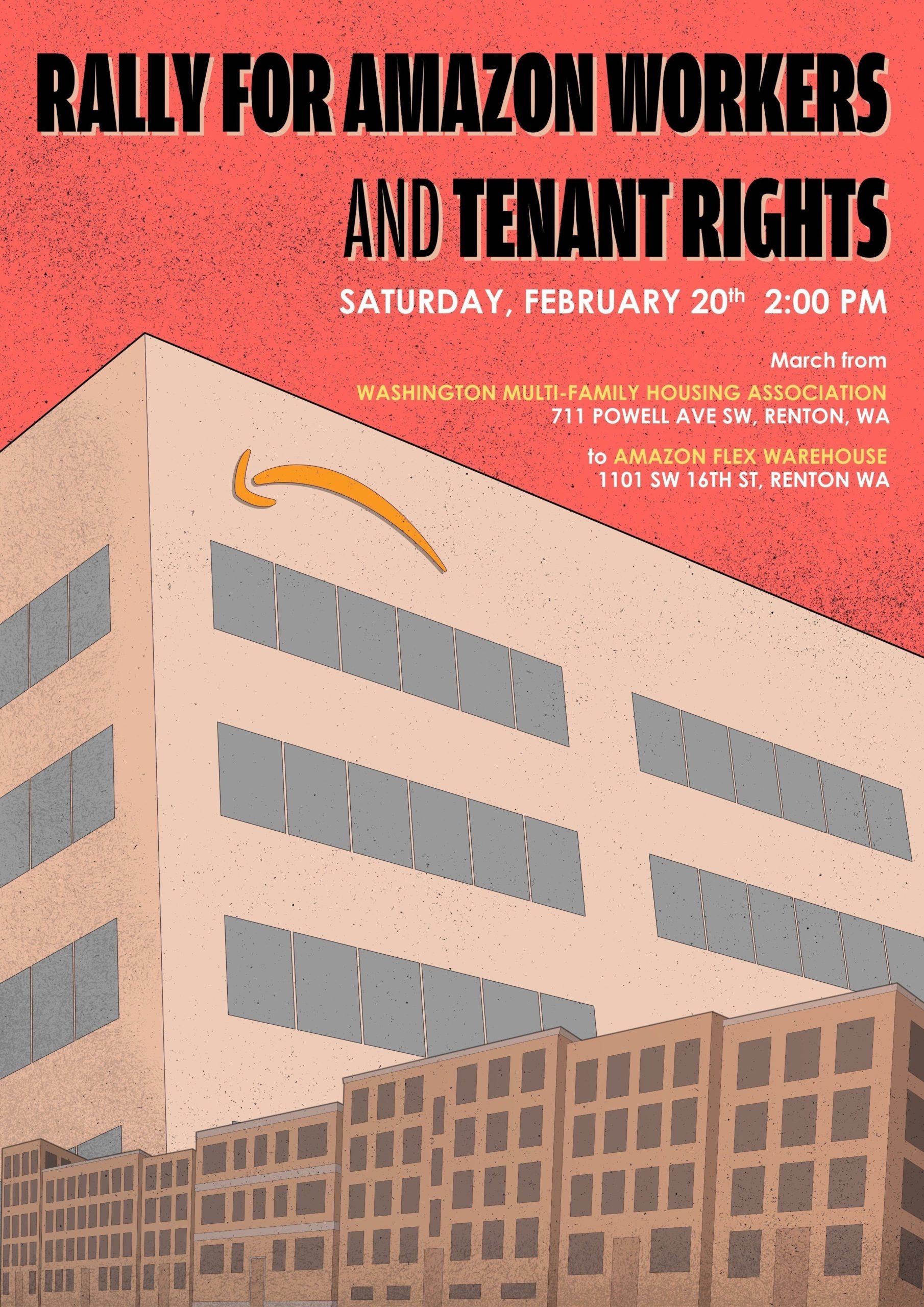 Poster for 2021/02/20 rally by Labor, Tenants Rights, and Socialists in solidarity of Unionization at Amazon and Tenant Rights. The Amazon logo is inverted to a frown on an office high rise in the background.