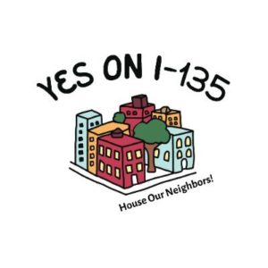 House Our Neighbors' city block logo with campaign slogan "YES ON I-135" at the top of image and the name of the organization at the bottom.