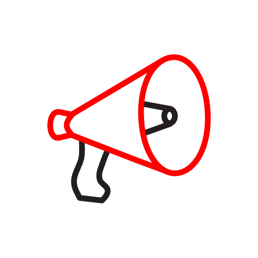 Minimalist icon in red and black lines of a bullhorn.