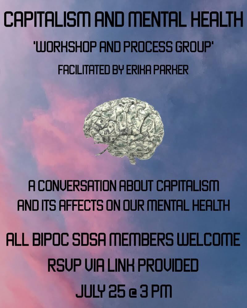 Alt Text: Brain Made out of dollar bills hover center atop clouds at sunset. Event details described in row in black text surround the brain.