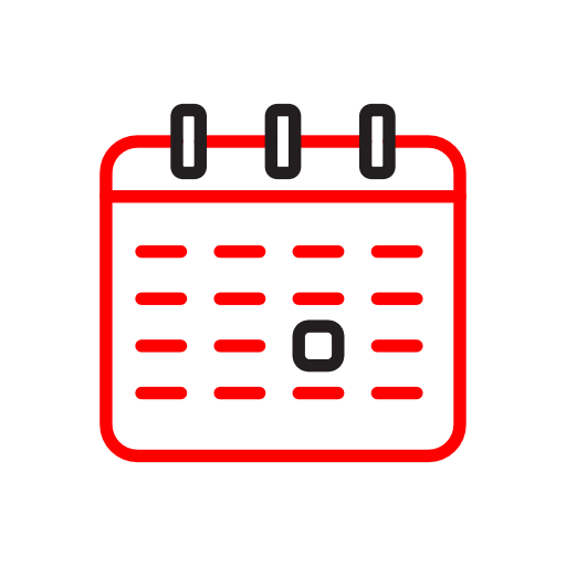 Alt Text: Minimalist line icon of a calendar in red and black.