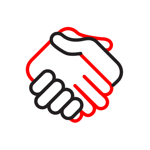 Minimalist icon in red and black lines of a handshake.