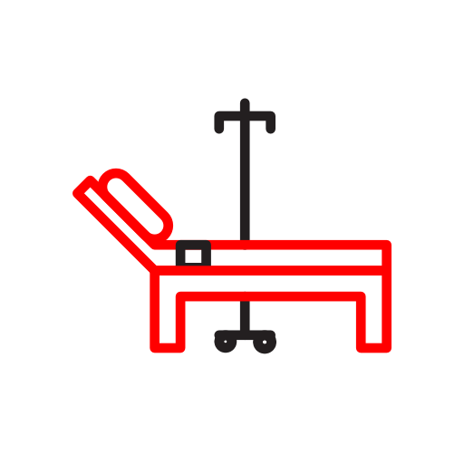 Minimalist icon in red and black lines of a hospital bed and IV drip cart.
