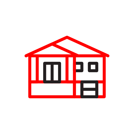 Minimalist icon in red and black lines of single-family housing in a craftsperson style typical to older neighborhoods in Seattle.