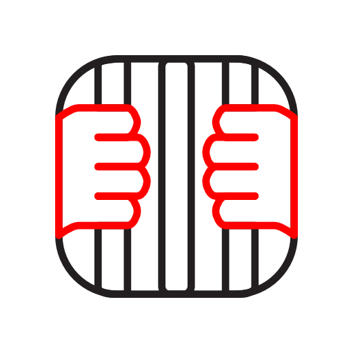 Minimalist icon in red and black lines of hand pulling prison bars.