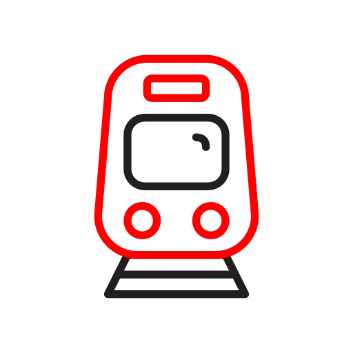 Minimalist icon in red and black lines of a commuter train oncoming to viewer.