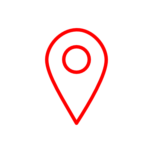 Minimalist icon in red and black lines of a location symbol flipped teardrop with circular cutout.