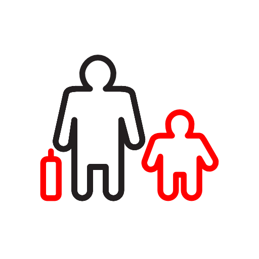 Minimalist icon in red and black lines of an adult and a child standing alongside a briefcase.
