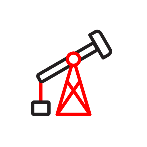 Minimalist icon in red and black lines of an oil pumpjack.