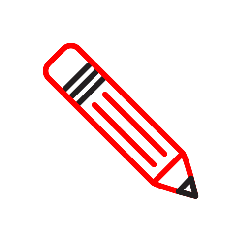 Minimalist icon in red and black lines of a pencil.