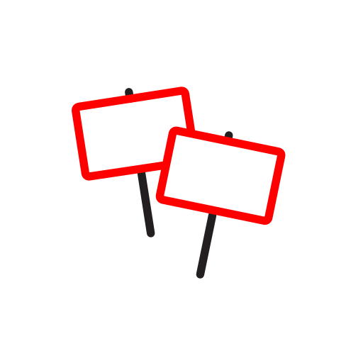 Minimalist icon in red and black lines of two picket line signs.