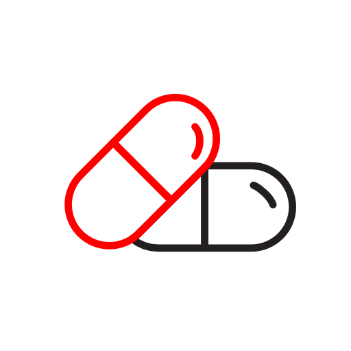 Minimalist icon in red and black lines of two pills.
