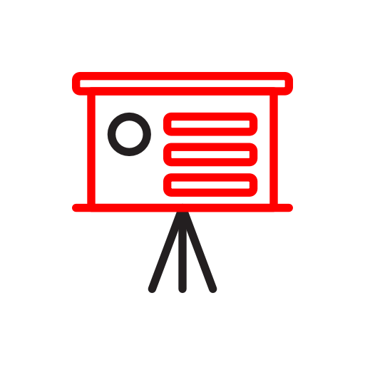 Minimalist icon in red and black lines of a presentation on a projector screen.