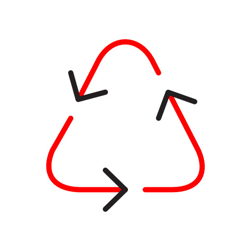 Minimalist icon in red and black lines of a recycle symbol composed of three arrow lines in a triangular pattern.