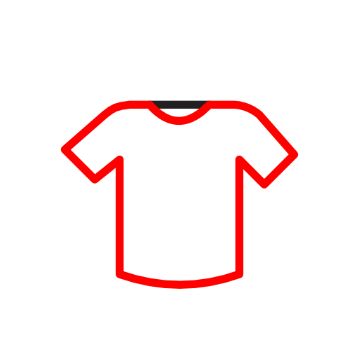 Minimalist icon in red and black lines of a plain t-shirt.