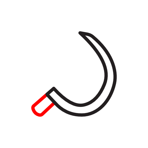 Minimalist icon in red and black lines of a sickle.