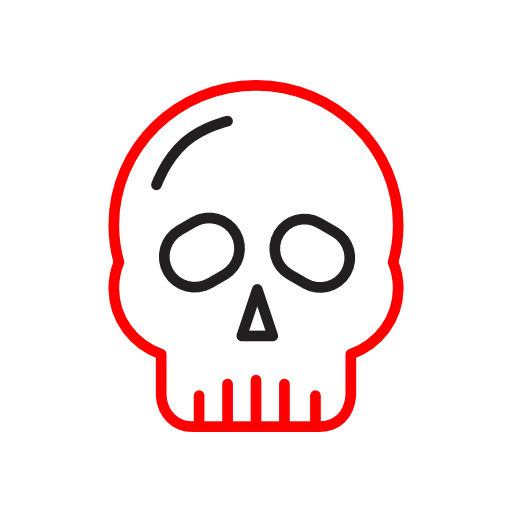 Minimalist icon in red and black lines of a skull.