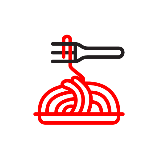 Minimalist icon in red and black lines of a plate of spaghetti and a fork.