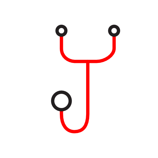 Minimalist icon in red and black lines of a stethoscope.