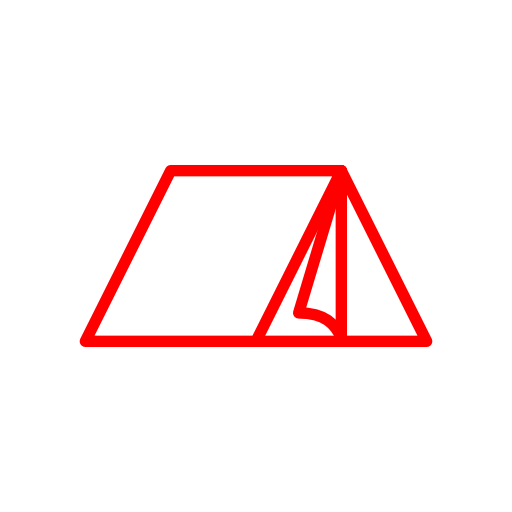 Minimalist icon in red and black lines of an "A"-frame tent.