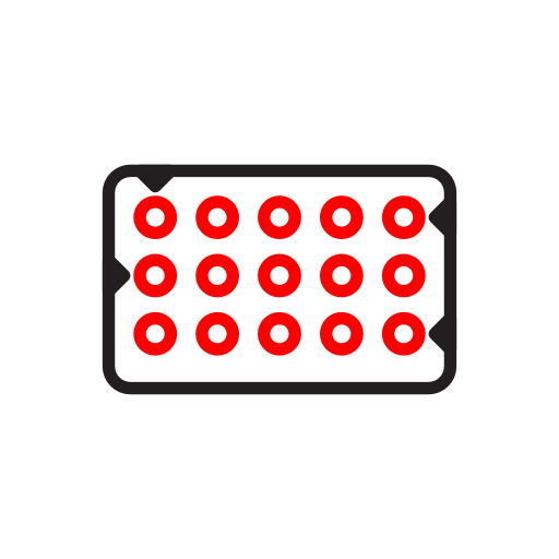 Minimalist icon in red and black lines of contraceptive pills in a pill sleeve.