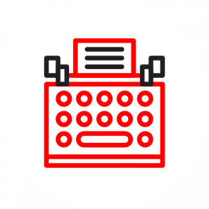 Alt Text: Minimalist icon in red and black lines of a typewriter.