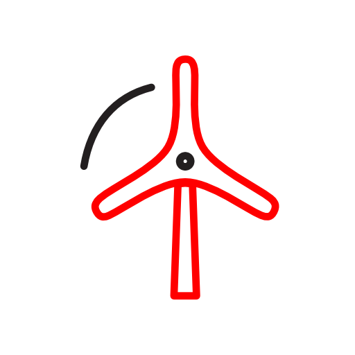 Minimalist icon in red and black lines of a windmill.