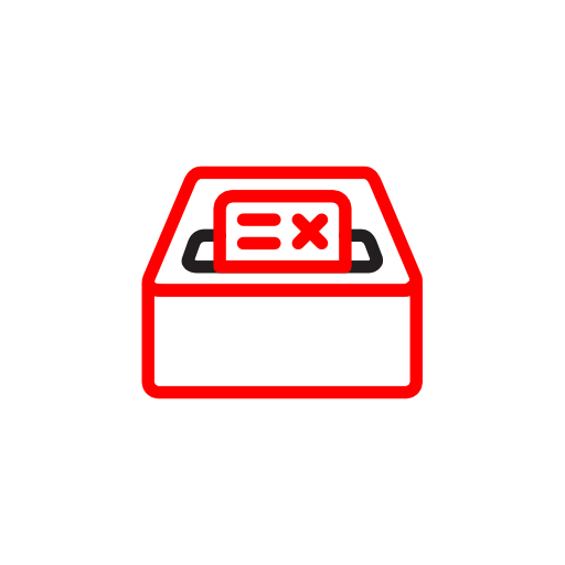 Minimalistic line icon in red and black of a ballot box with ballot entering the drop.