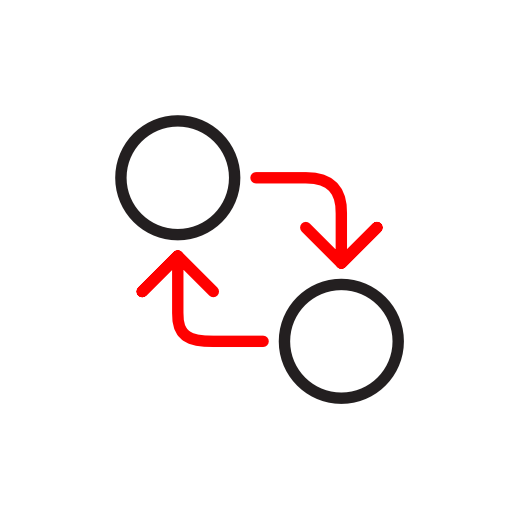 Minimalist icon in red and black lines of two circles with arrow lines indicating an exchange or distribution.