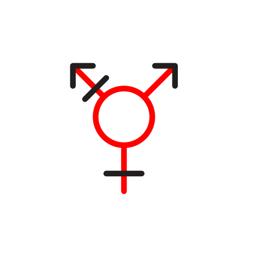 Minimalist icon in red and black lines of a transgender astrological symbol.