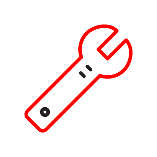 Minimalist icon in red and black lines of a wrench.