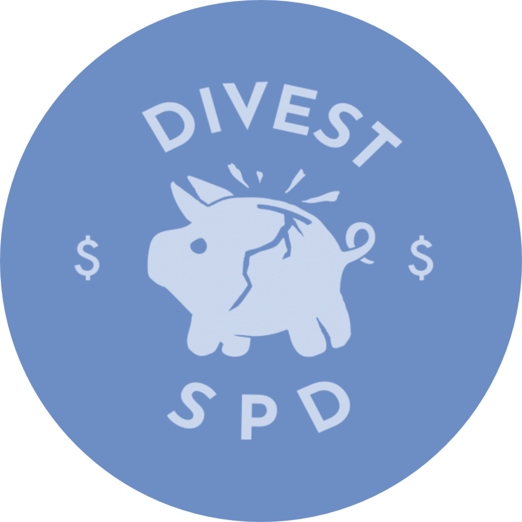 Alt Text: Light blue text Divest SPD surrounds a broken piggy bank flanked by $ dollar symbols on a dark blue background.