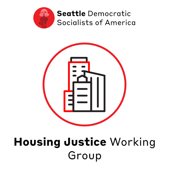 Alt Text: Minimalist line icon of a series of buildings with Housing Justice Working Group underneath in a sans-serif font.