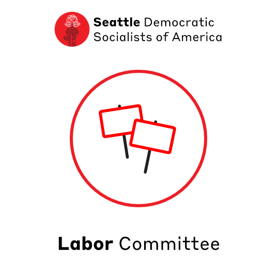 Minimalist line icon in red and black of Picket signs on a white background. Text reads: SDSA Labor Committee
