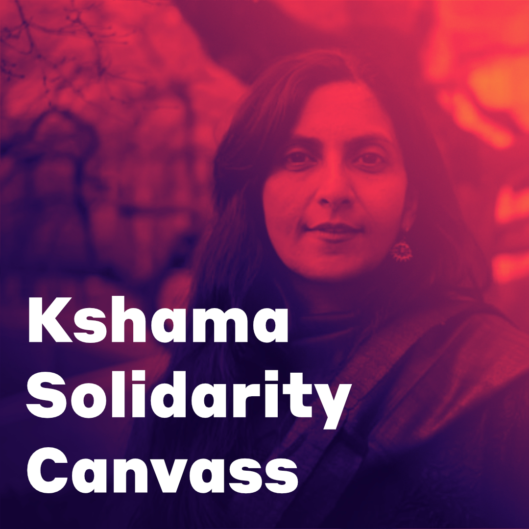 Duotone orange and purple image of Kshama Sawant with words Kshama Solidarity Canvass in white on top.