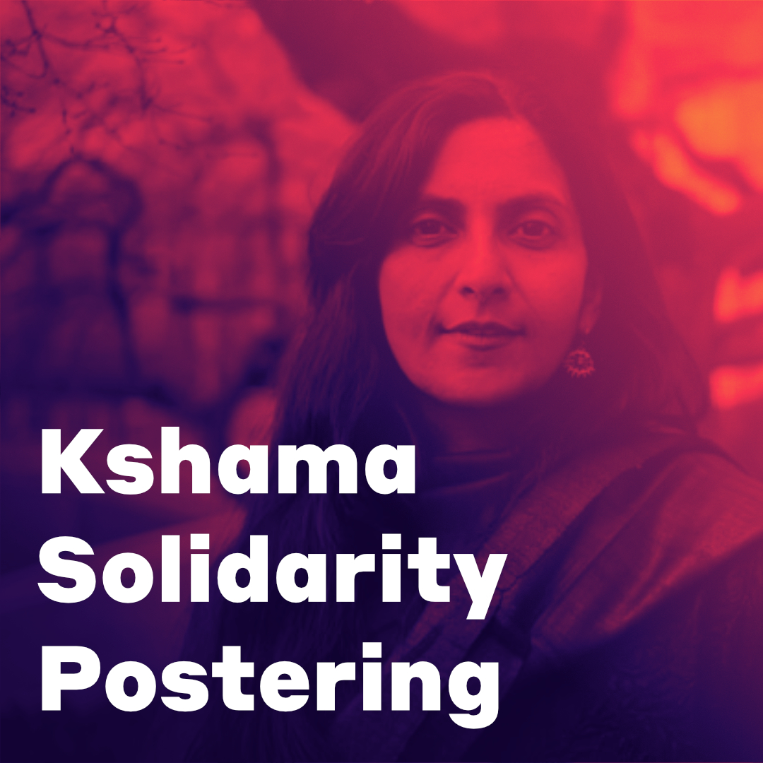 Duotone orange and purple image of Kshama Sawant with words Kshama Solidarity Postering in white on top.