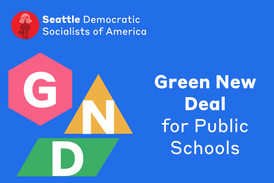 Minimalist line icon of G N and D framed by geometric bright shapes next to text Green New Deal for Public Schools below Seattle DSA Logo of Space Needle with Rose blooming from lightning rod.