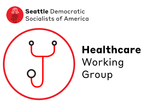 Minimalist line icon of a stethoscope in red and black next to text Healthcare Working Group below Seattle DSA Logo of Space Needle with Rose blooming from lightning rod.