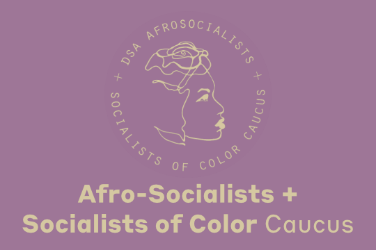 Mauve text reads Afro-Socialists + Socialists of Color Caucus beneath a side-profile illustration of a person with natural locs that suggest a rose shape on lavender background.