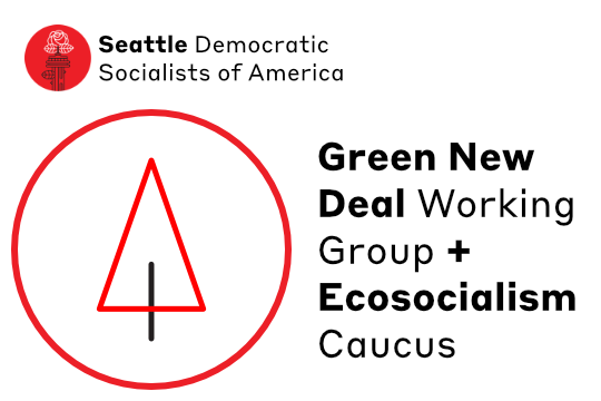 Minimalist line icon of a pine tree in red and black next to text Green New Deal Working Group + Ecosocialism Caucus below Seattle DSA Logo of Space Needle with Rose blooming from lightning rod.