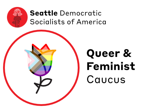 Minimalist line icon of a rose with LGBTQIA+ BIPOC flag next to text Queer & Feminist Caucus below Seattle DSA Logo of Space Needle with Rose blooming from lightning rod.