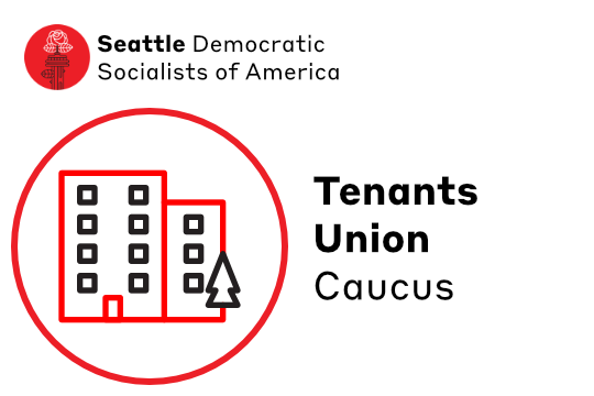 Illustration of a multi-family housing building and pine tree next to the text Tenants Union Caucus on white background.
