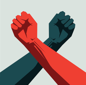 Raised fists symbolizing solidarity with oppressed academic workers