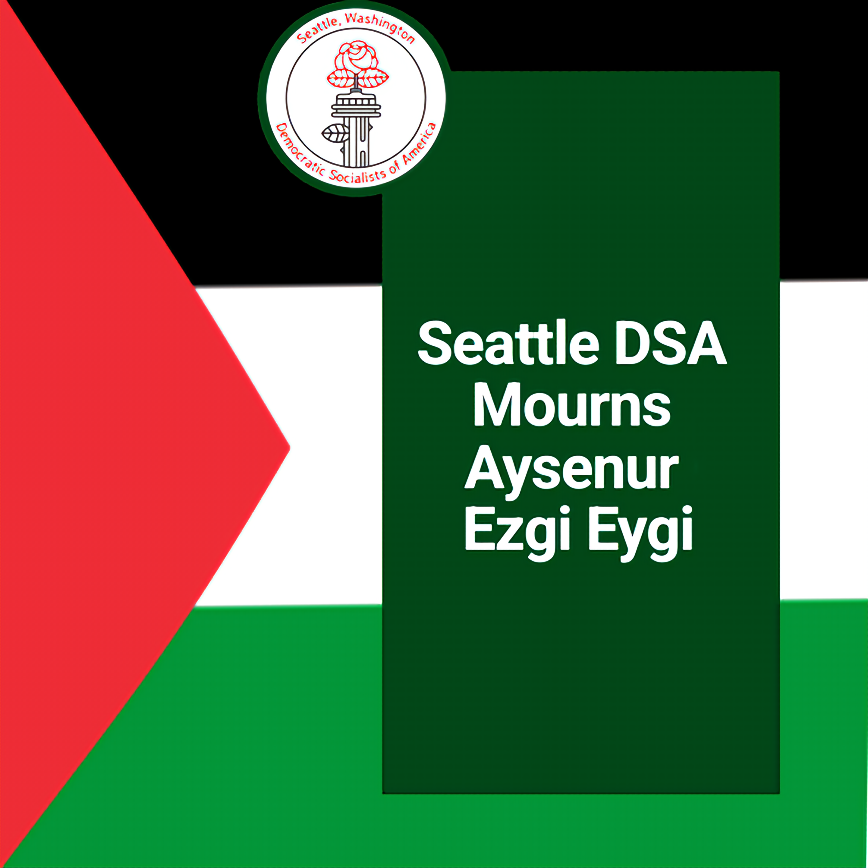 Statement "Seattle DSA Mourns Aysenur Ezgi Eygi" Backdropped by Flag of Palestine and SDSA Logo