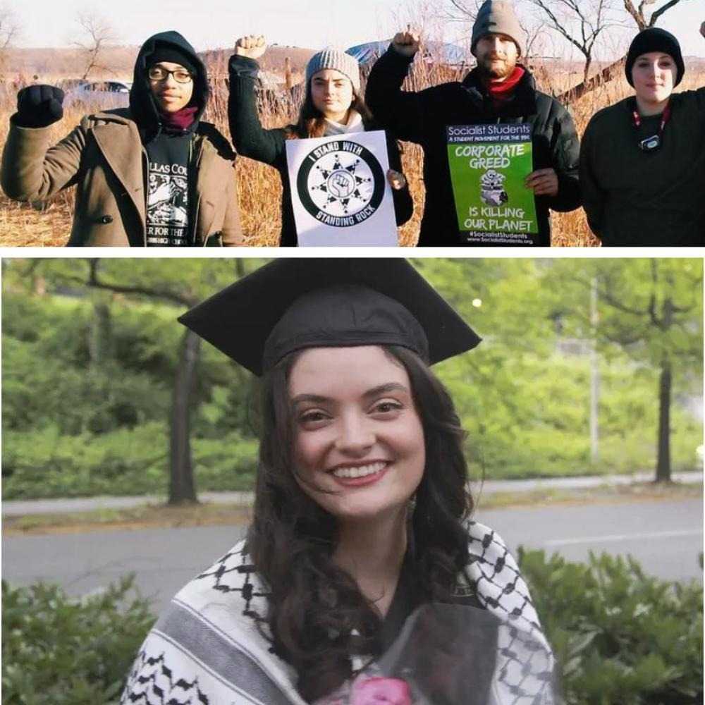 Various collage photos of Ezgi as a political organizer and activist in Solidarity with Anti-Pipeline and Pro-Palestine work.