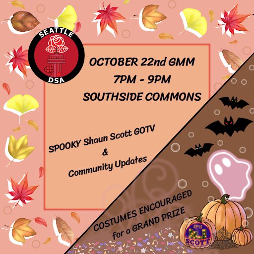 Fall leaves photo with a spooky pink ghost and tezt stating October 22nd GMM 7p - 9pm Southside Commons, Costumes encouraged