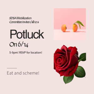 Details of the 6/14 SDSA Mobilization Committee Potluck. It is a pale pink square with a rose below a sliced nectarine.